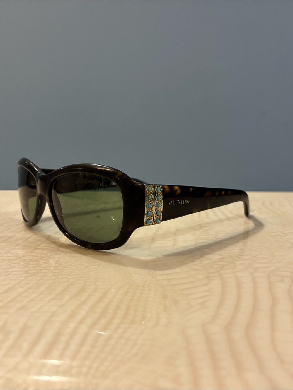Valentino Tortoiseshell Sunglasses with Turquoise and Gold Temple Detail